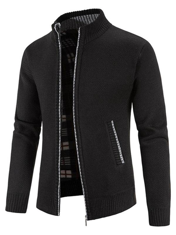 Men's long sleeve knit cardigan jacket in black with zipper and pocket details.