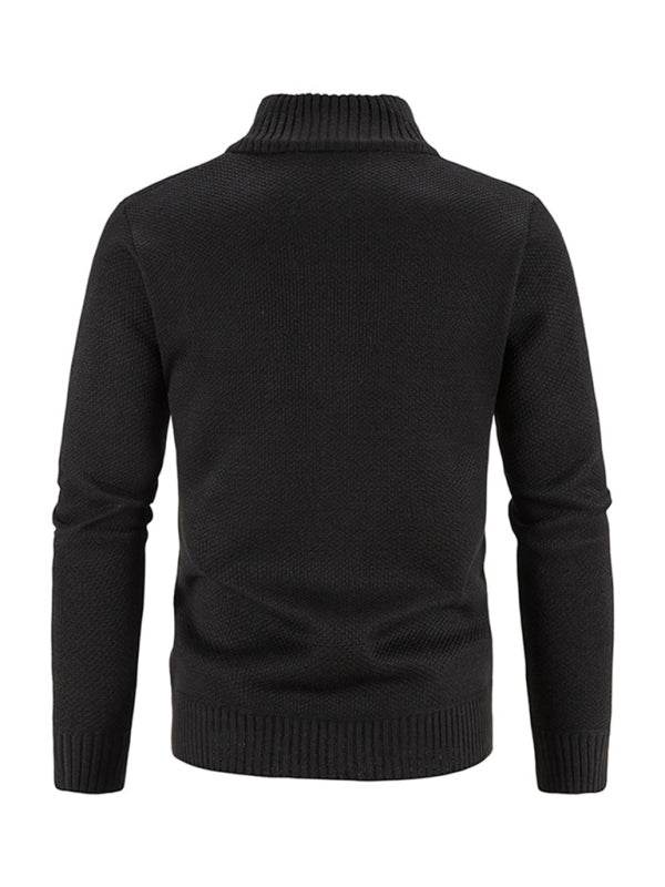 Men's long sleeve knit cardigan jacket in black with ribbed cuffs and hem, suitable for autumn-winter.