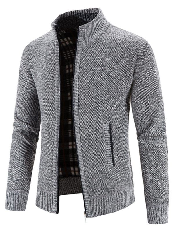 Men's long sleeve knit cardigan jacket with self pattern and zip closure.