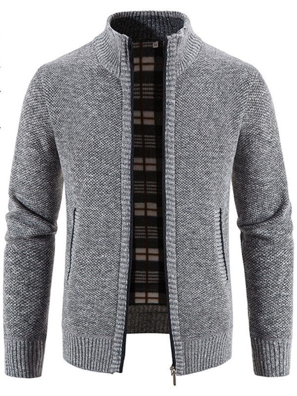 Men's long sleeve knit cardigan jacket in gray, featuring a self-design pattern and dropped shoulder sleeves.