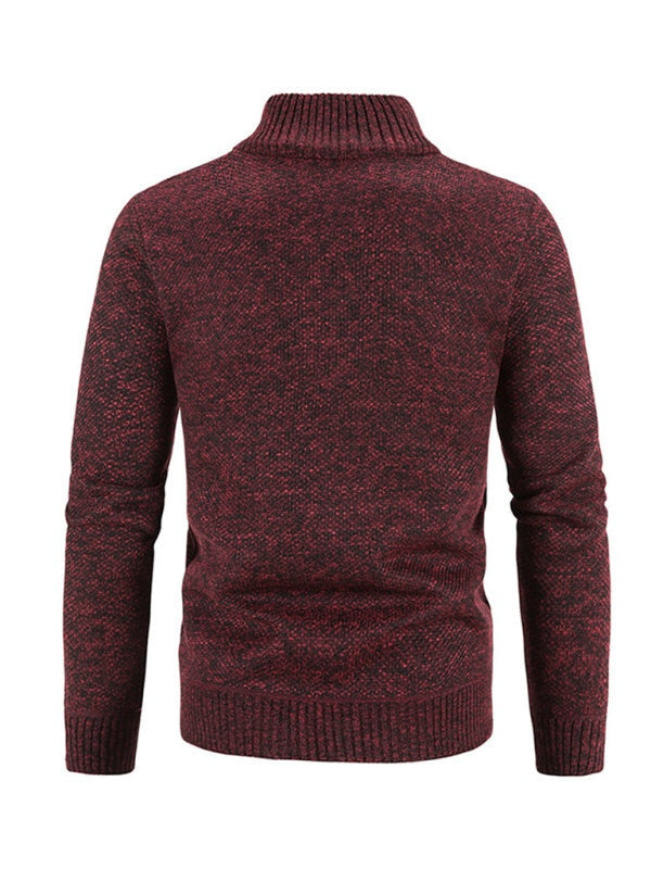 Men's long sleeve knit cardigan jacket in burgundy, featuring dropped shoulder sleeves and autumn-winter style.