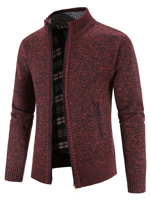 Men's long sleeve knit cardigan jacket in burgundy.