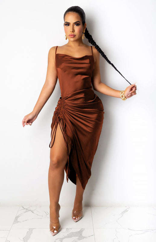 Women’s Sleeveless Backless Party Dress with Drawstring Leg Slit in 9 Colors - Wazzi's Wear
