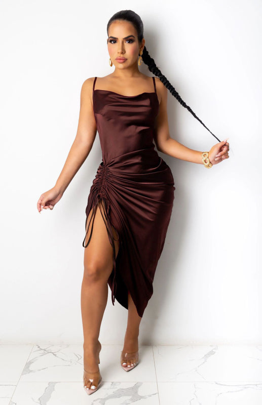 Women’s Sleeveless Backless Party Dress with Drawstring Leg Slit in 9 Colors - Wazzi's Wear