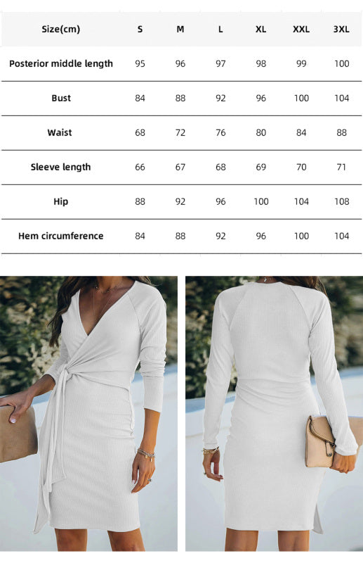 Women’s V-Neck Ribbed Long Sleeve Midi Dress with Belt in 5 Colors S-3XL - Wazzi's Wear