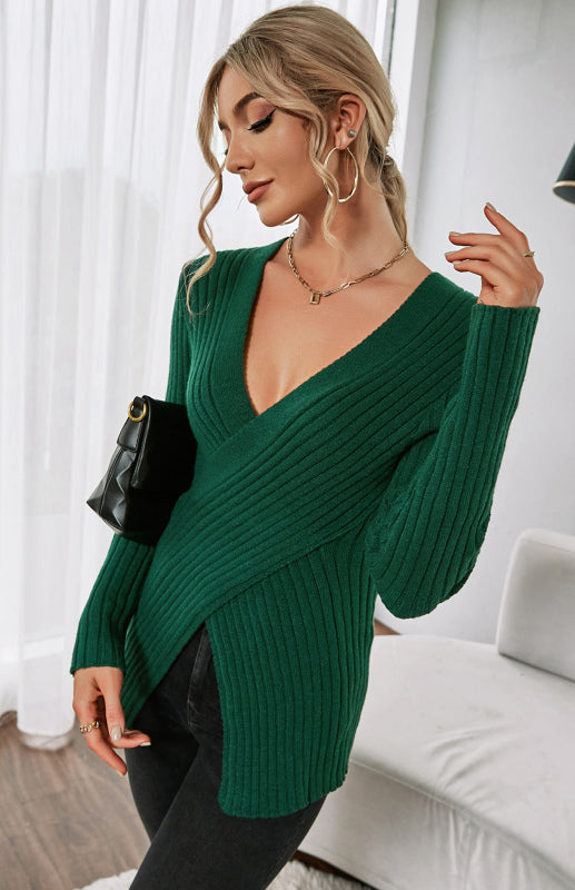 Women's V-Neck Crossover Long Sleeve Sweater in 5 Colors S-XL - Wazzi's Wear