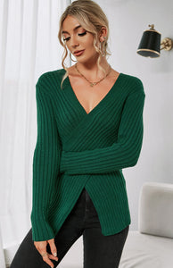 Women's V-Neck Crossover Long Sleeve Sweater in 5 Colors S-XL - Wazzi's Wear