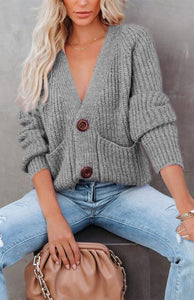 Women’s V-Neck Long Sleeve Buttoned Cardigan Sweater with Pockets in 7 Colors S-3XL - Wazzi's Wear
