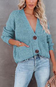Women’s V-Neck Long Sleeve Buttoned Cardigan Sweater with Pockets in 7 Colors S-3XL - Wazzi's Wear