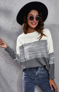 Women’s Grey Colorblock Knit Sweater with Long Sleeves S-L
