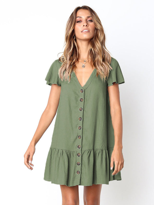 Women's V-Neck Short Sleeve A-Line Midi Dress with Buttons in 4 Colors Sizes S-XL - Wazzi's Wear