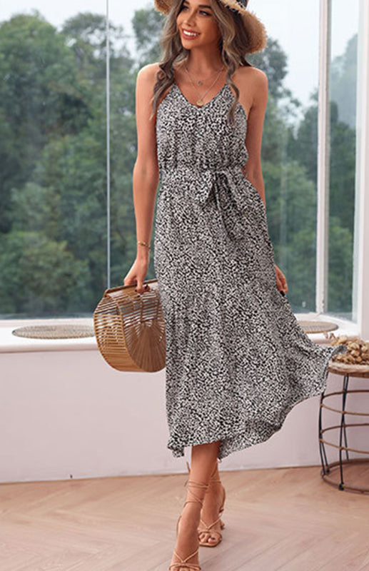 Women’s Leopard Print V-Neck Sleeveless Dress with Waist Tie S-XL