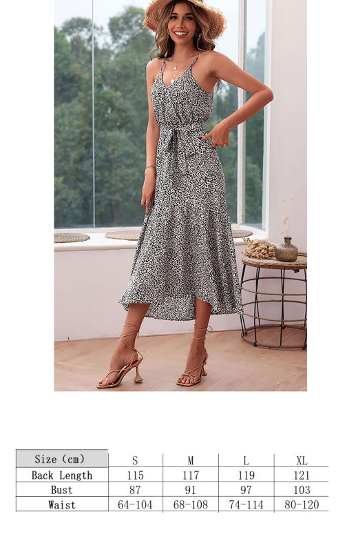 Women’s Leopard Print V-Neck Sleeveless Dress with Waist Tie S-XL