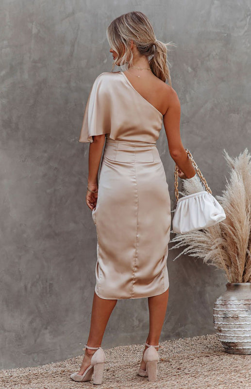 Women’s One Shoulder Wrap Waist Evening Dress in 2 Colors S-XL - Wazzi's Wear