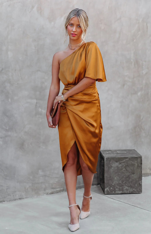 Women’s One Shoulder Wrap Waist Evening Dress in 2 Colors S-XL - Wazzi's Wear