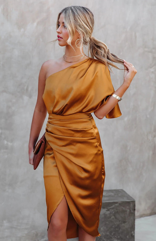 Women’s One Shoulder Wrap Waist Evening Dress in 2 Colors S-XL - Wazzi's Wear