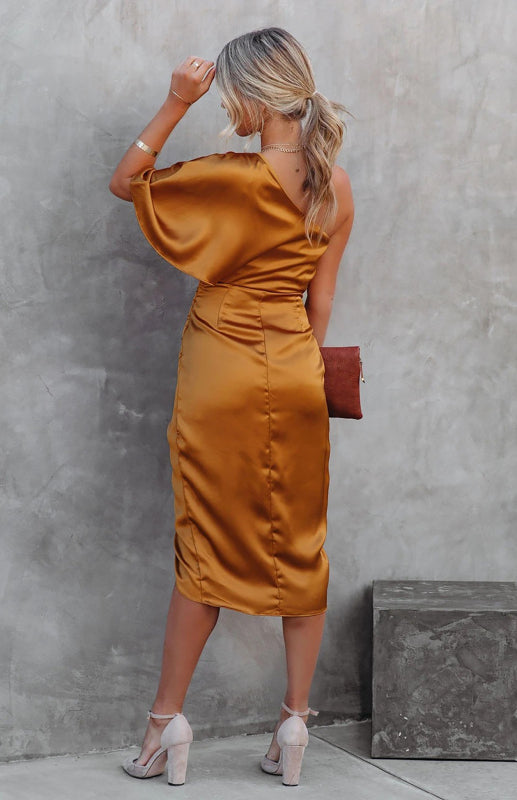 Women’s One Shoulder Wrap Waist Evening Dress in 2 Colors S-XL - Wazzi's Wear