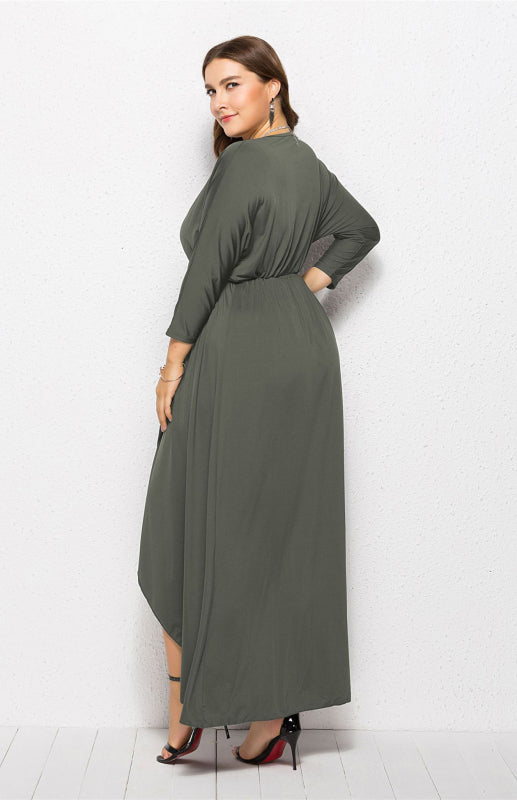 Women's Plus Size V-Neck Dress with Irregular Hem in 8 Colors XL-4XL - Wazzi's Wear
