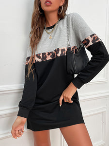 Women’s Long Sleeve Colorblock Dress with Leopard Print S-XL - Wazzi's Wear