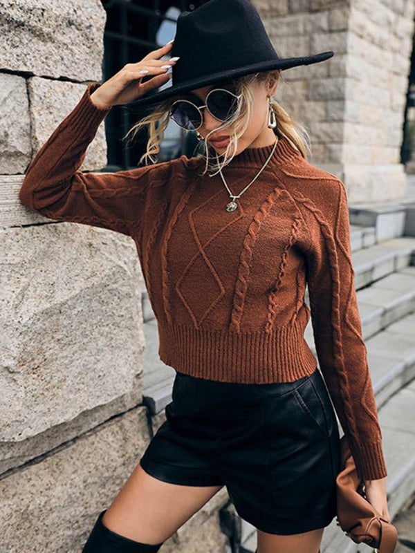 Women’s Brown Long Sleeve Cropped Knit Sweater with Mock Neck S-XL - Wazzi's Wear