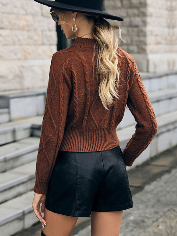 Women’s Brown Long Sleeve Cropped Knit Sweater with Mock Neck S-XL - Wazzi's Wear