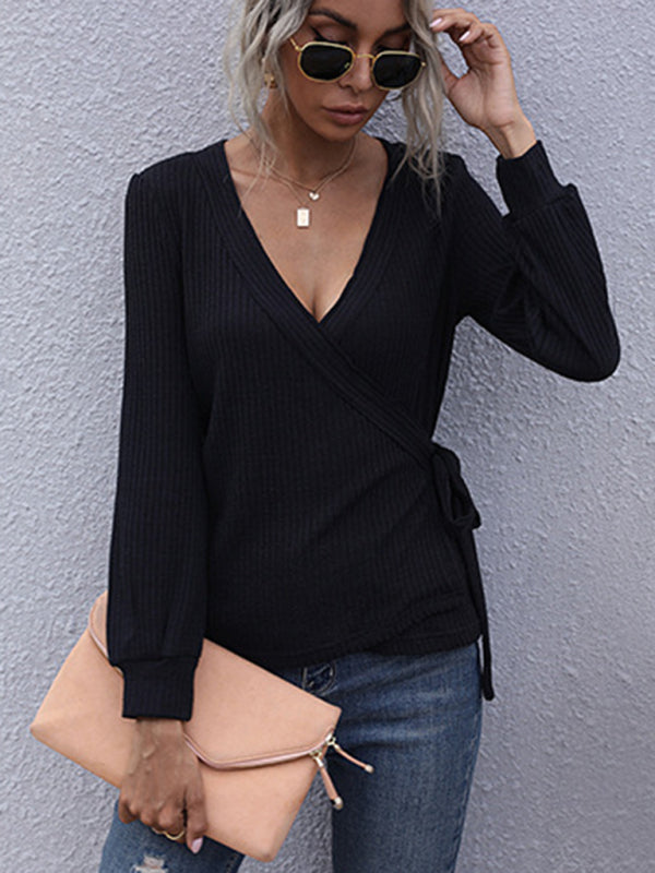Women’s Black Long Sleeve V-Neck Sweater with Waist Tie S-XL - Wazzi's Wear