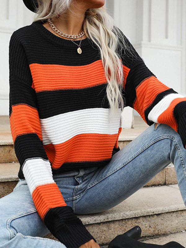 Women’s Long Sleeve Striped Knit Sweater S-L - Wazzi's Wear