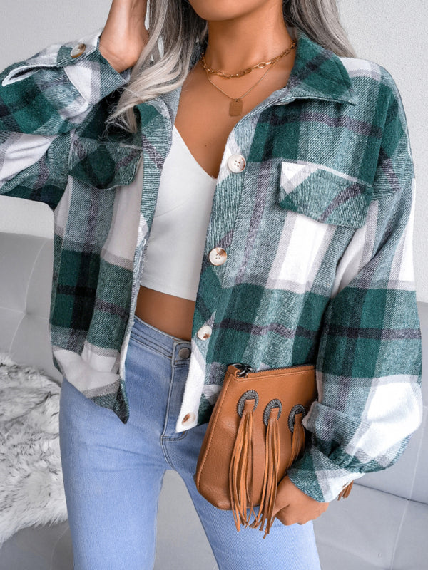 Women’s Collared Plaid Flannel Cropped Coat With Button Front And Front Pockets in 5 Colors S-XL - Wazzi's Wear