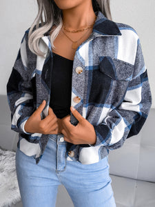 Women’s Collared Plaid Flannel Cropped Coat With Button Front And Front Pockets in 5 Colors S-XL