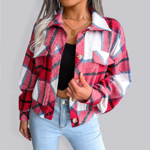 Women’s Collared Plaid Flannel Cropped Coat With Button Front And Front Pockets in 5 Colors S-XL