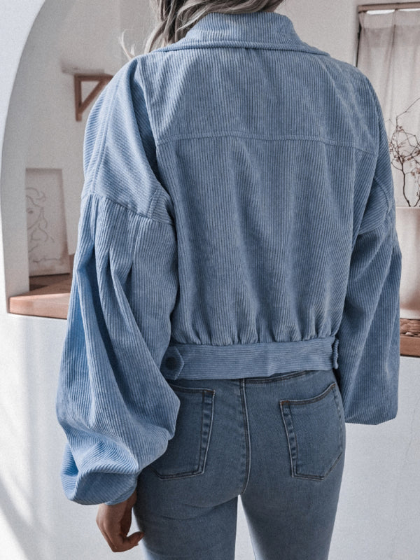 Women's Cropped Long Sleeve Corduroy Coat in 3 Colors Sizes S-XL - Wazzi's Wear