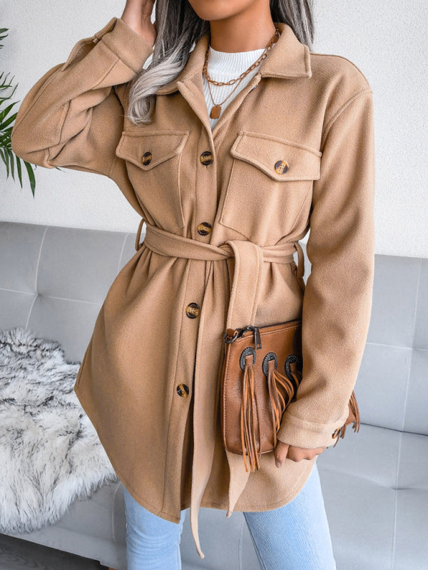 Women's Single Breasted Woolen Button-Up Coat with Waist Tie in 3 Colors S-XL