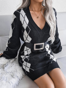 Women’s V-Neck Long Sleeve Knitted Sweater Dress in 3 Colors S-L