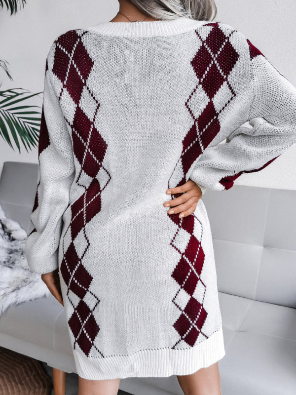 Women’s V-Neck Long Sleeve Knitted Sweater Dress in 3 Colors S-L - Wazzi's Wear