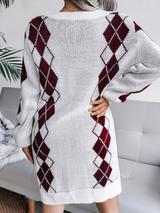 Women’s V-Neck Long Sleeve Knitted Sweater Dress in 3 Colors S-L