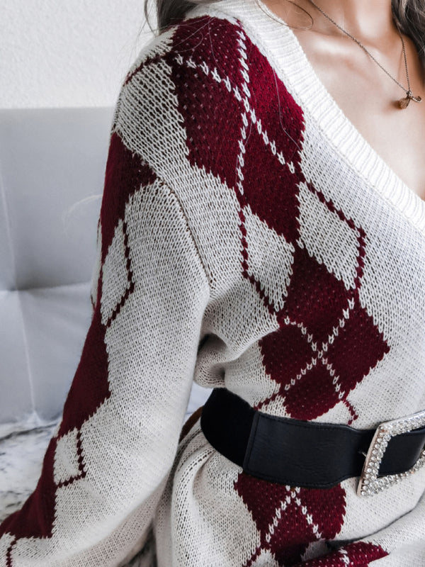Women’s V-Neck Long Sleeve Knitted Sweater Dress in 3 Colors S-L - Wazzi's Wear