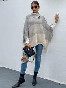 Women's Striped Pullover Knit Cape Sweater with Fringe S-L