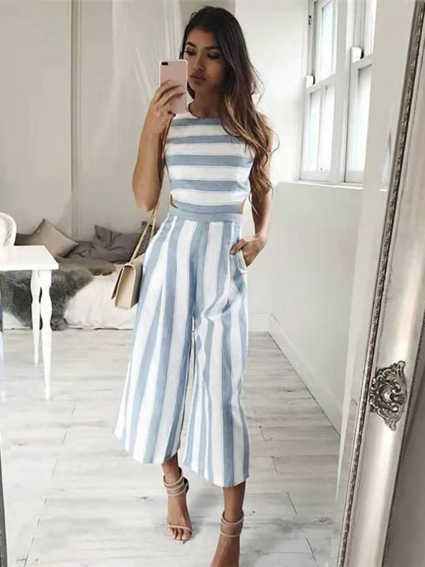 Women's Sleeveless Striped Cropped Jumpsuit with Pockets in 2 Colors Sizes S-XL - Wazzi's Wear