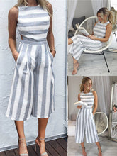 Load image into Gallery viewer, Women&#39;s Sleeveless Striped Cropped Jumpsuit with Pockets in 2 Colors Sizes S-XL - Wazzi&#39;s Wear