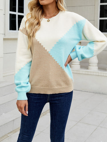 Women's Crewneck Geometric Colorblock Sweater in 2 Colors S-XL
