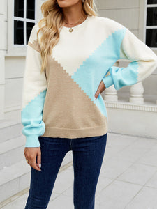 Women's Crewneck Geometric Colorblock Sweater in 2 Colors S-XL - Wazzi's Wear