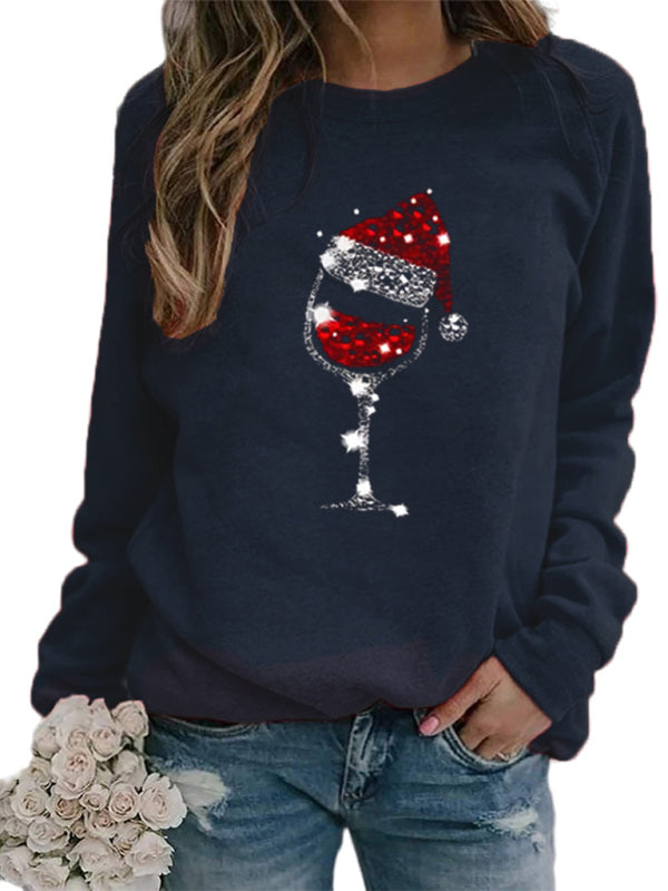 Women’s Hat and Wine Glass Long Sleeve Christmas Sweatshirt in 2 Colors S-XXL - Wazzi's Wear