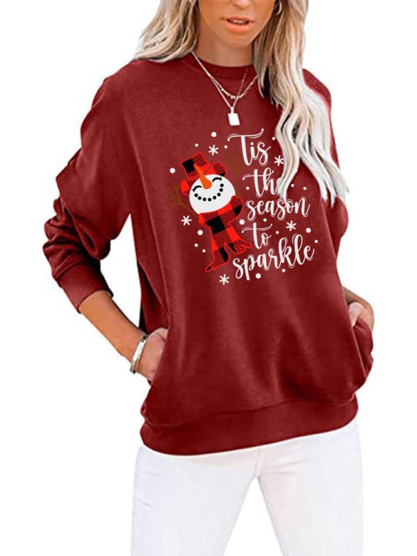 Christmas snowman crew neck long sleeve sweatshirt, red with festive design.