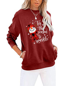 Women’s Christmas Snowman Crew Neck Long Sleeve Sweatshirt with Pockets in 4 Colors S-XXL - Wazzi's Wear