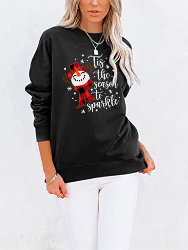 Women’s Christmas snowman crew neck sweatshirt, long sleeve, cotton-polyester blend.