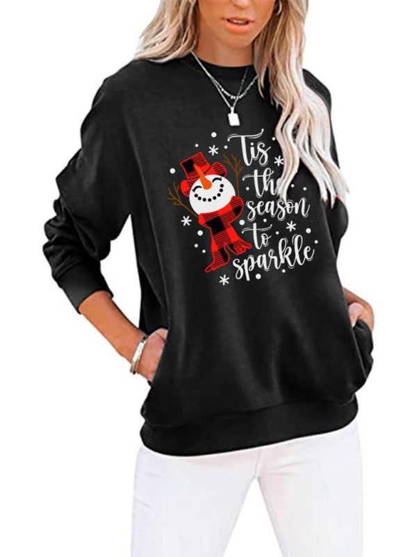 Women's Christmas snowman crew neck long sleeve sweatshirt in black.
