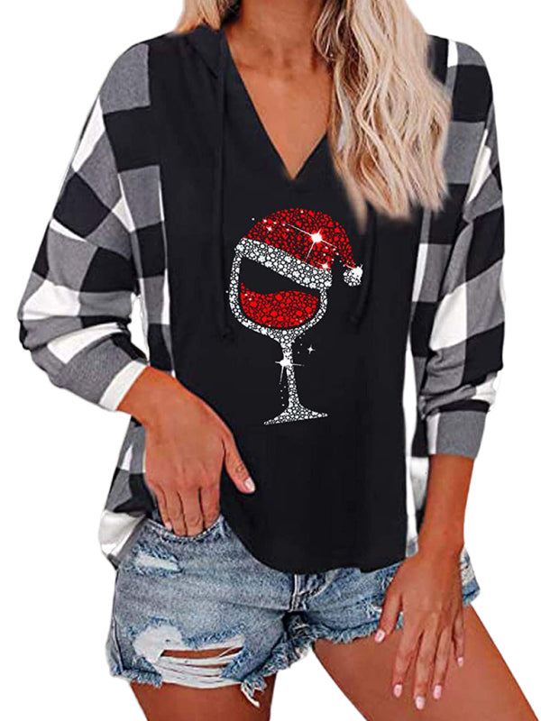 Women’s Plaid V-Neck Wine Glass Long Sleeve Top in 2 Colors S-XXL - Wazzi's Wear