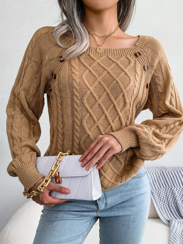 Women's Square Neck Twist Knit Sweater with Long Sleeves and Buttons in 3 Colors S-L - Wazzi's Wear