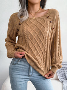 Women's Square Neck Twist Knit Sweater with Long Sleeves and Buttons in 3 Colors S-L
