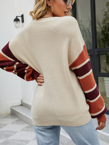 Women's V-Neck Sweater with Striped Balloon Sleeves and Buttons S-L - Wazzi's Wear